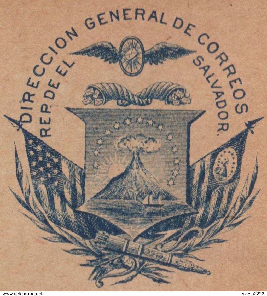 El Salvador Vers 1895. Entier Réponse. Roue Ailée, Corne D'abondance, Carquois & Flèches, Volcan El Boqueron, Drapeaux - Volcans