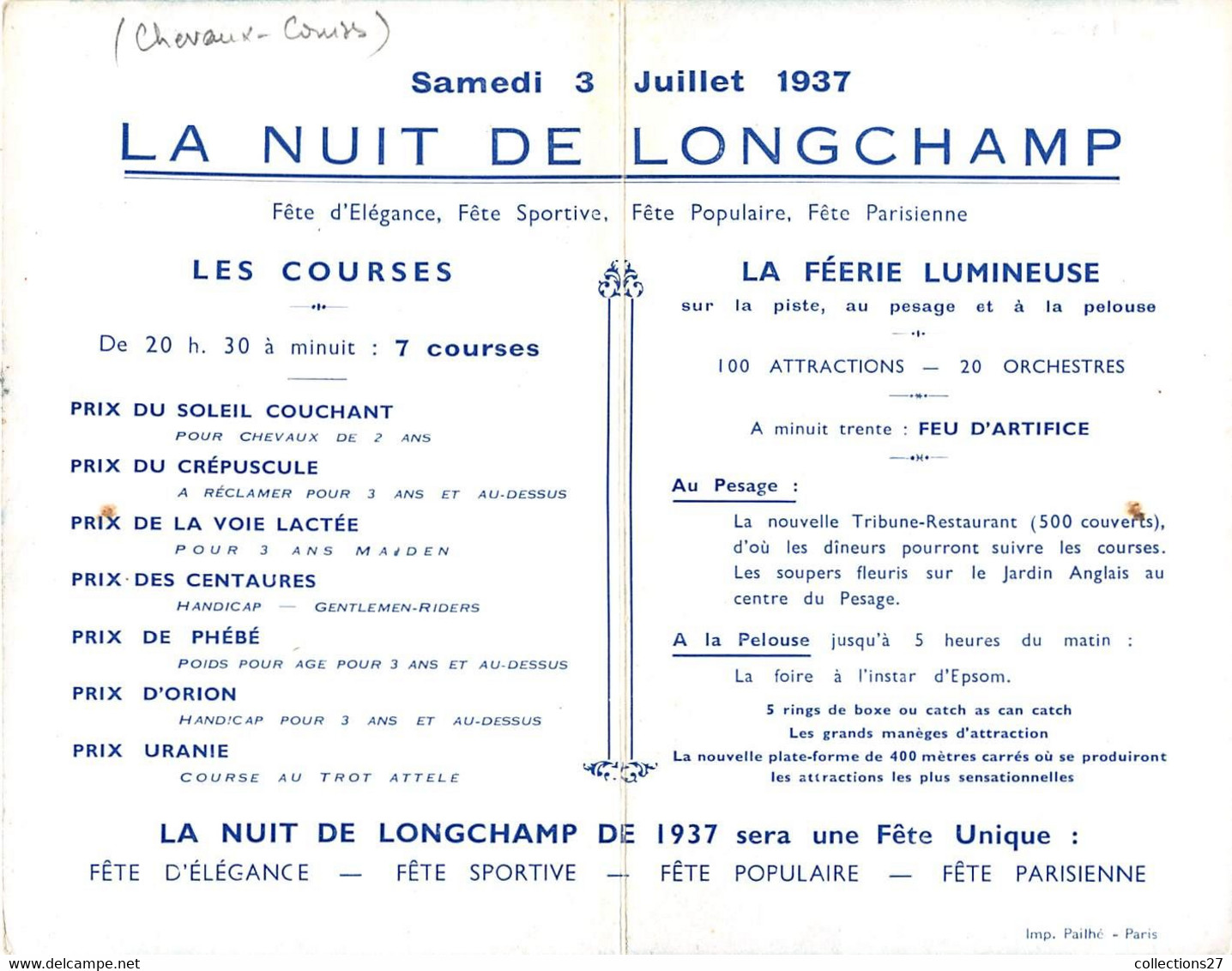 LA NUIT DE LONGCHAMP SAMEDI 3 JUILLET 1937- DOUBLE CARTE - LES COURSES - LA FEERIE LUMINEUSE - Reitsport