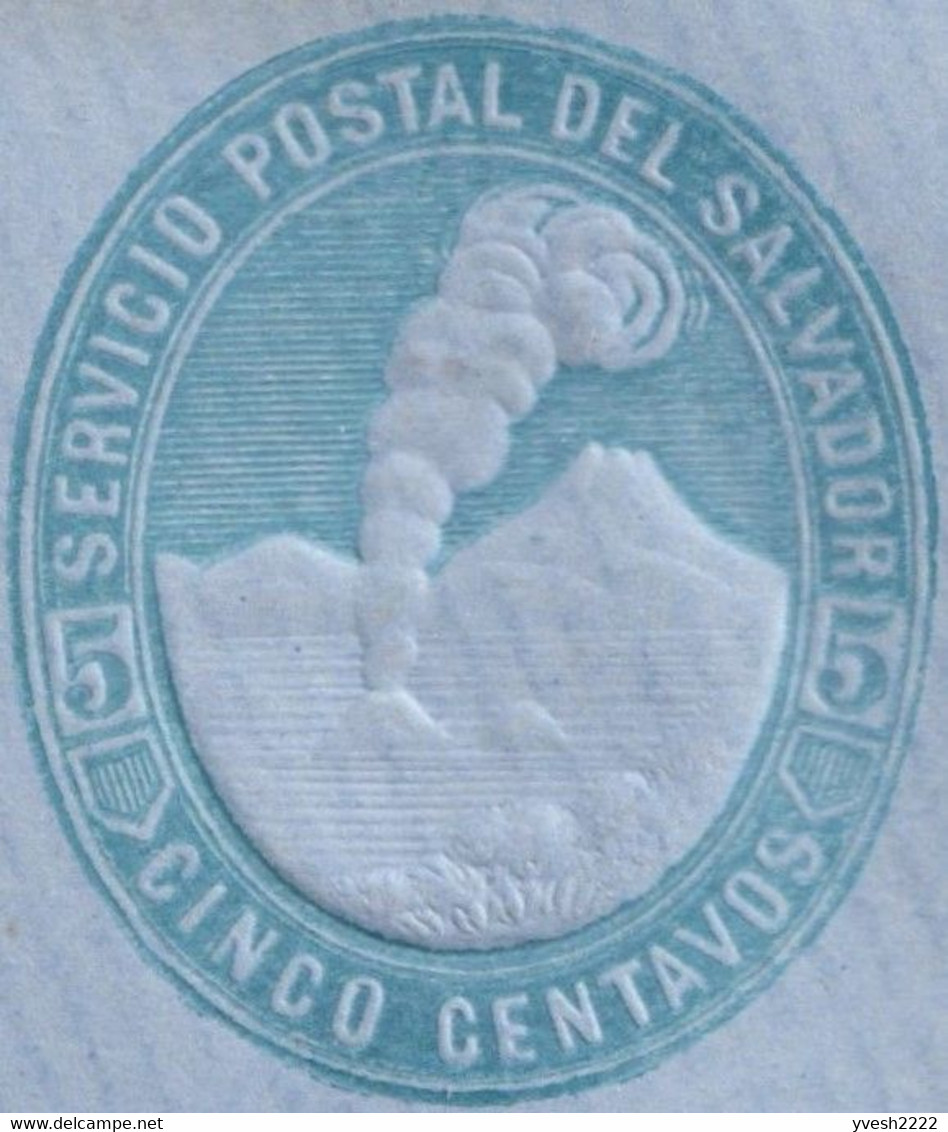 El Salvador Vers 1895. Entier Postal Enveloppe Bleue. Timbre à 5 C, Impression à Sec. Volcan El Boqueron - Volcans