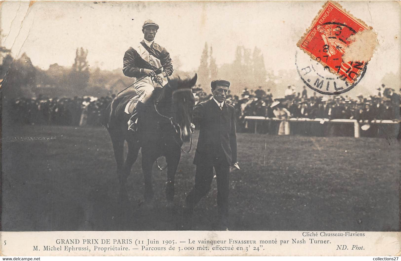 GRAND PRIX DE PARIS 11 JUIN 1905-CARTE-PHOTO-LE VAINQUEUR FINASSEUR MONTE PAR NASH TURNER - Reitsport