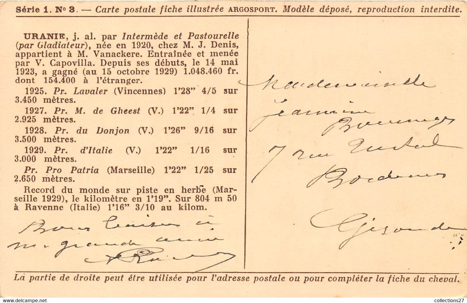 HIPPODROME VINCENNES- URANIE REMPORTE DEVANT CAPUCINE X, LE PRIX DE SOISSONS A VINCENNE 1929 - Reitsport