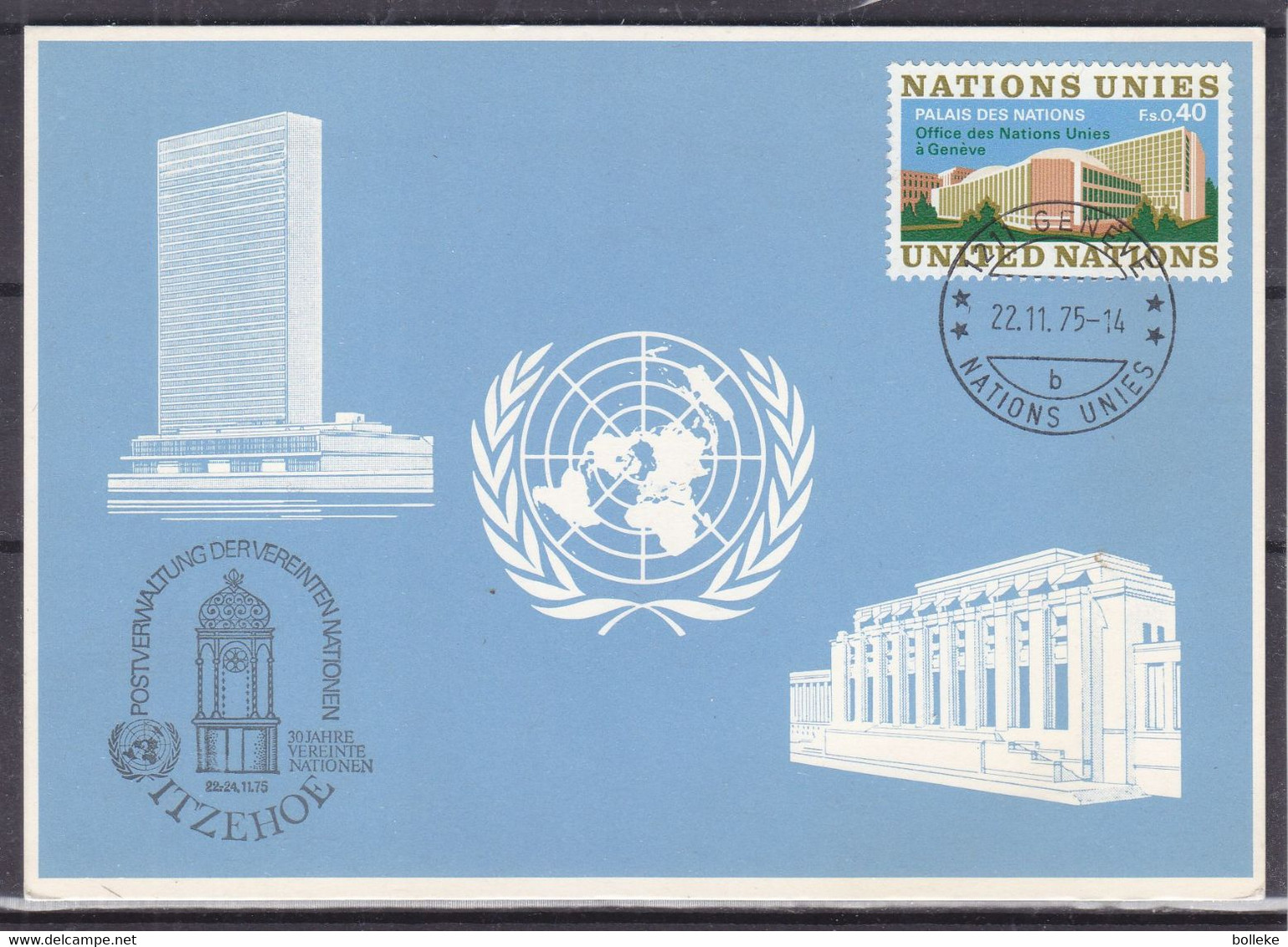 Nations Unies - Office De Genève - Carte Postale Bleue De 1975 - Oblit Genève - Valeur 32 €  ! - Cachet De Itzehoe - Brieven En Documenten