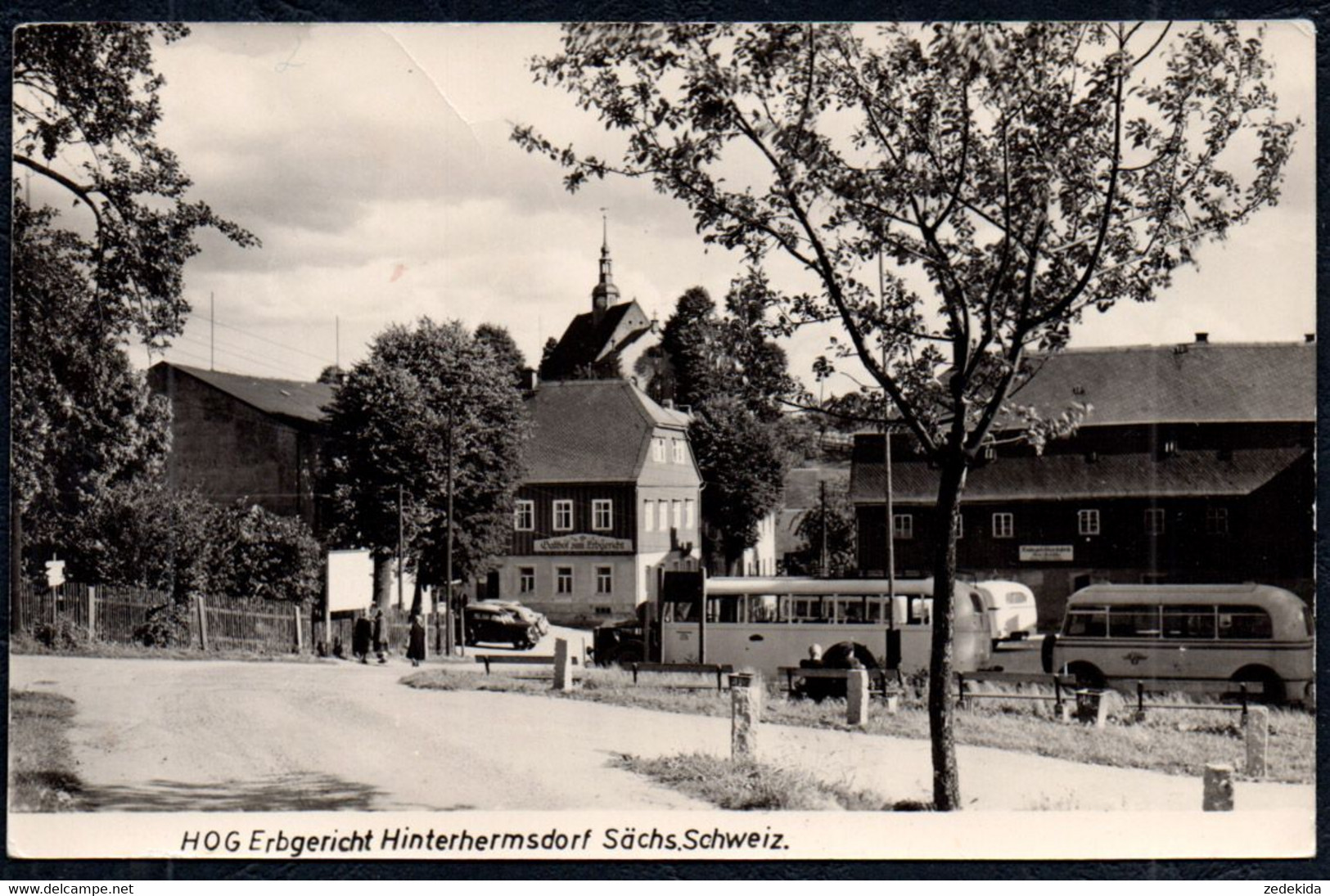 F9079 - Hinterhermsdorf HO Gaststätte Erbgericht - Bus Omnibus Ikarus ?? - Verlag Wagner - Landpost Landpoststempel - Hinterhermsdorf