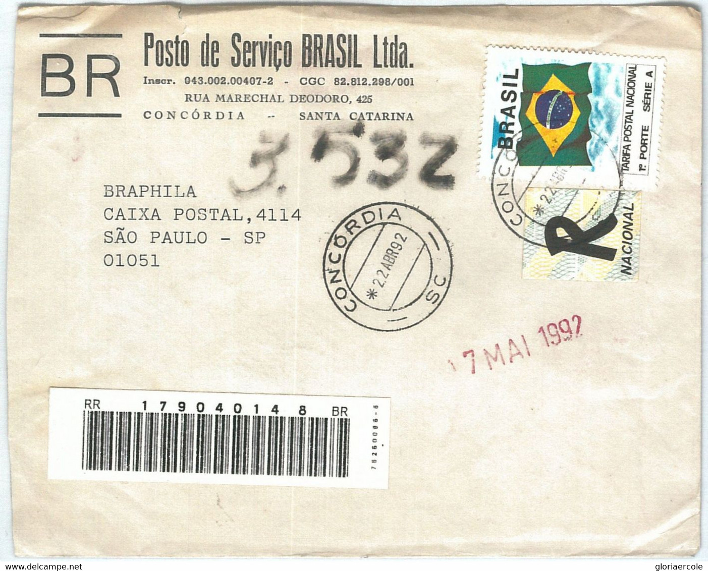 72257 - BRAZIL - POSTAL HISTORY -  REGGISTERED COVER 1992 - Otros & Sin Clasificación