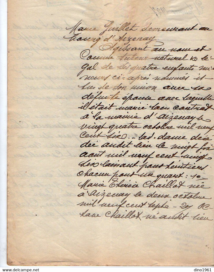 VP20.215 - LE POIRE SUR VIE X ANGLES - Acte De 1927 - Justice - Conseil De Famille - Mr CHAILLOT Forgeron à AIZENAY - Banco & Caja De Ahorros