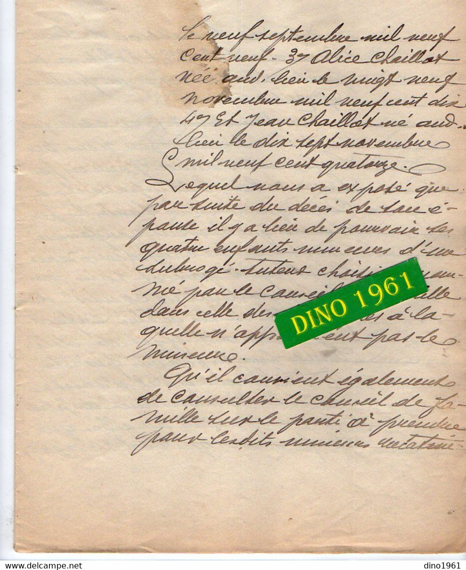 VP20.215 - LE POIRE SUR VIE X ANGLES - Acte De 1927 - Justice - Conseil De Famille - Mr CHAILLOT Forgeron à AIZENAY - Banco & Caja De Ahorros