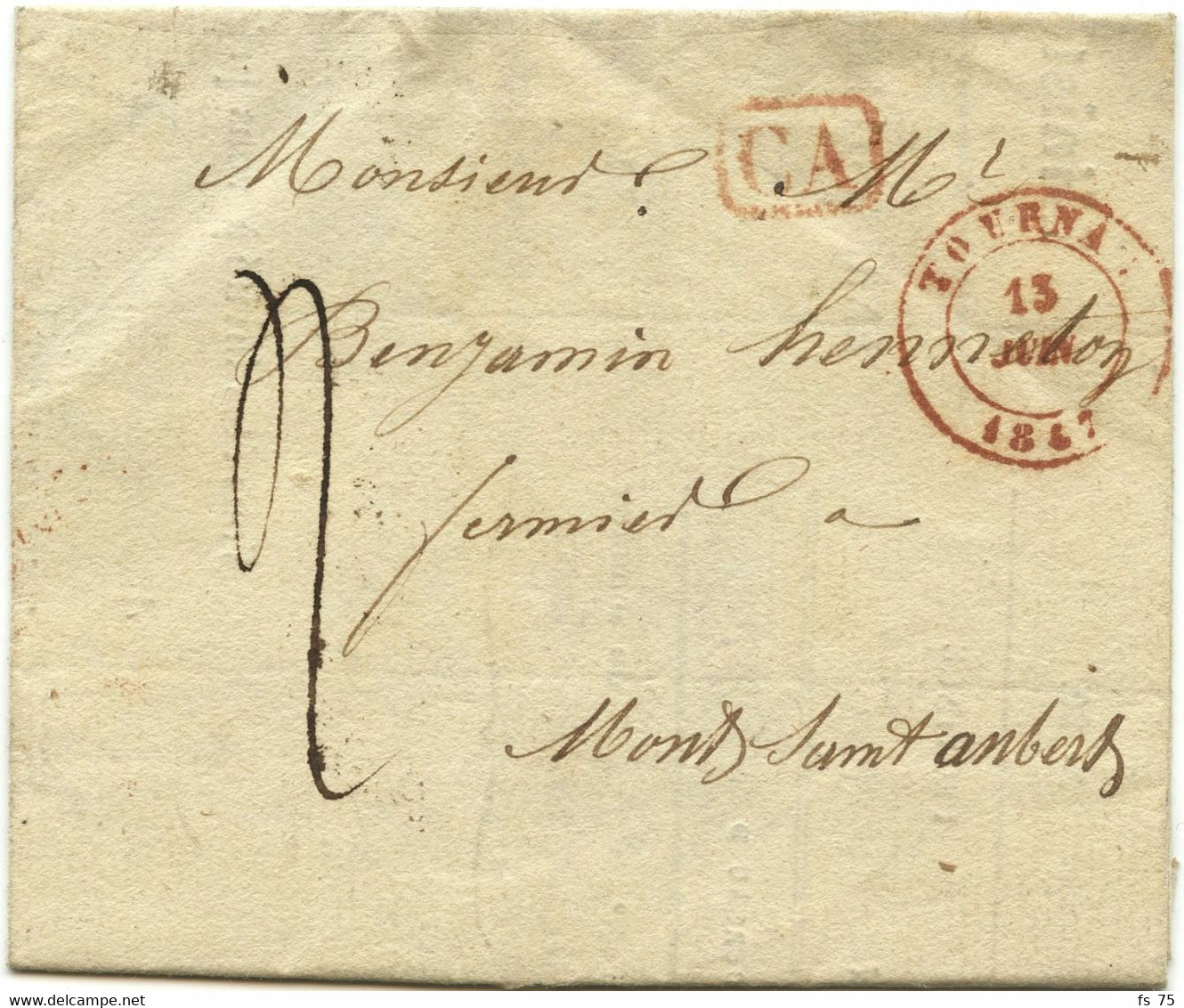BELGIQUE - TOURNAY + CA + AU VERSO TOURNAY + 3 TOUT EN ROUGE EN LOCAL, 1847 - 1830-1849 (Unabhängiges Belgien)