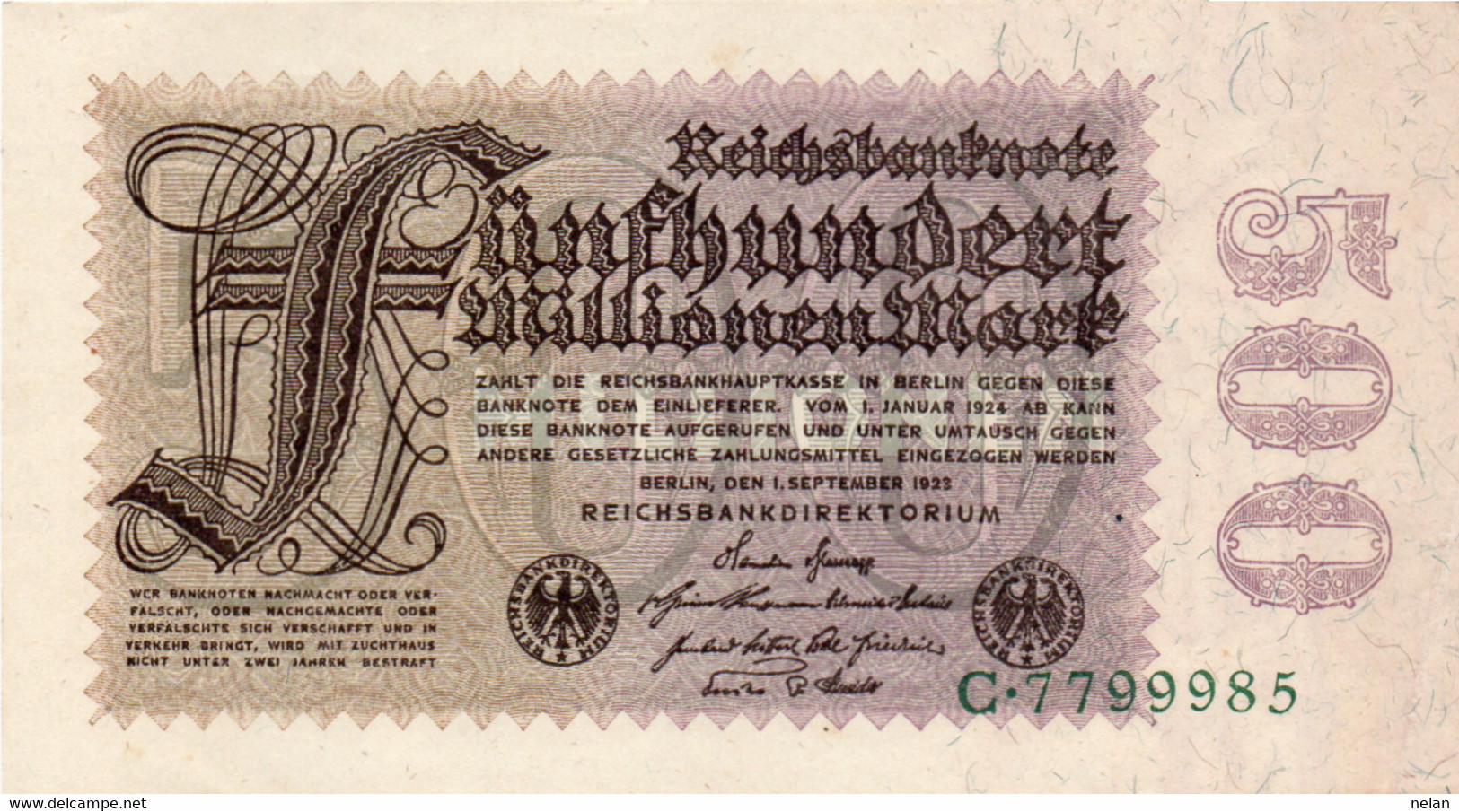 GERMANY - 500 MILLIONEN  MARK 1923 -  Wor:P-110a, Ros:R-109a AUNC - 500 Millionen Mark