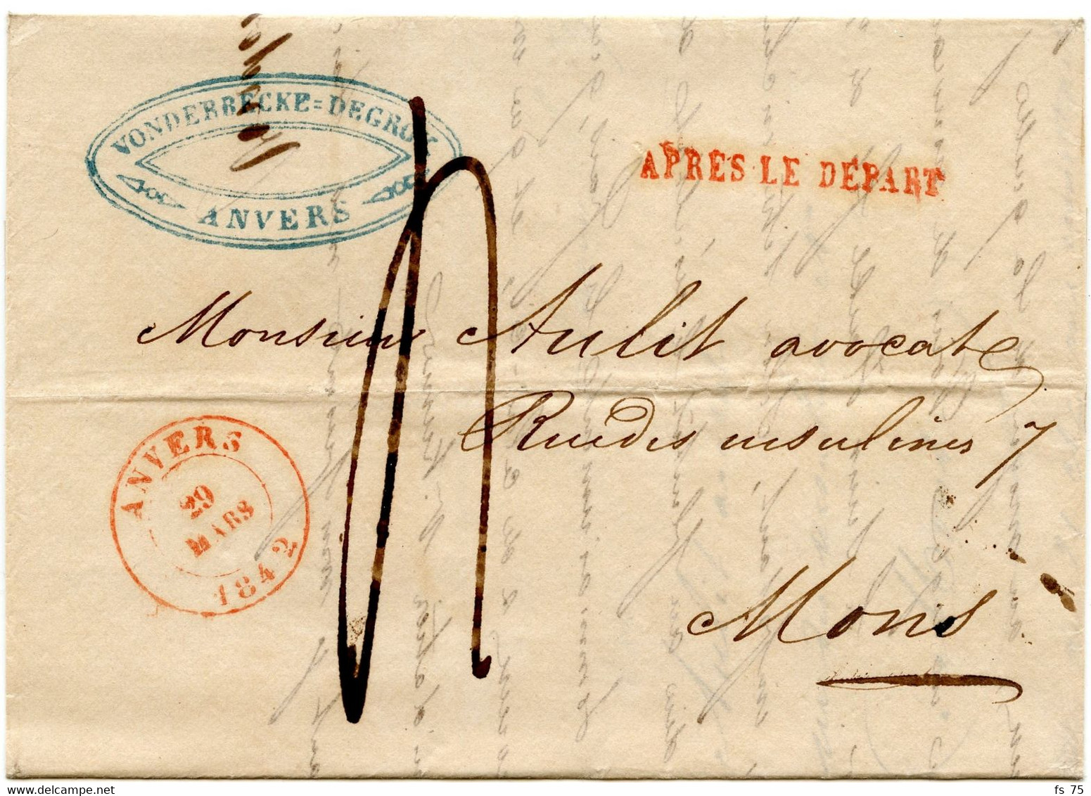 BELGIQUE - ANVERS + APRES LE DEPART SUR LETTRE AVEC CORRESPONDANCE, 1842 - 1830-1849 (Independent Belgium)
