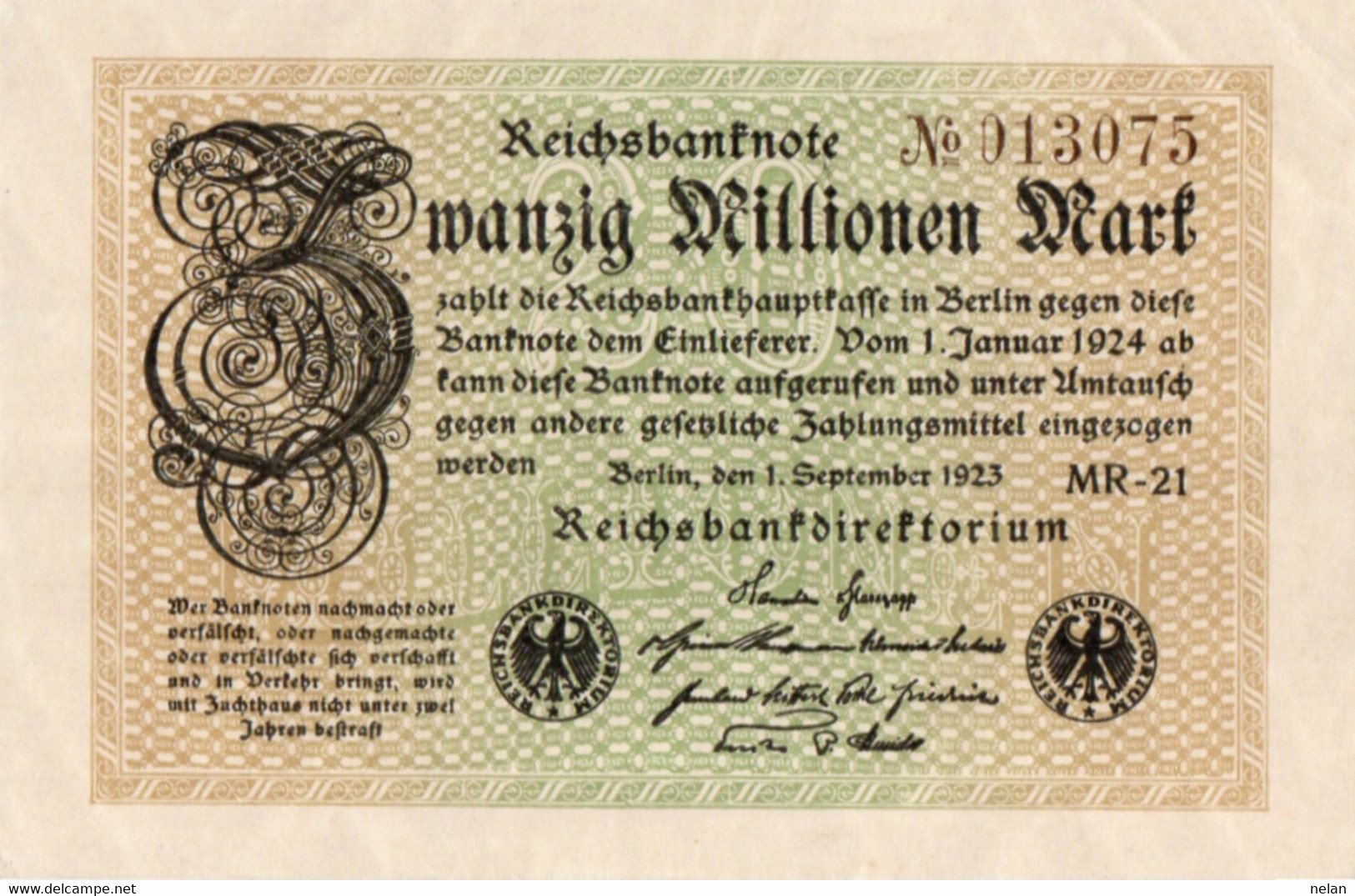 GERMANIA  - 20  MILLIONEN  MARK  1923 - Wor:P-108c.2, Ros:R-107e  - AUNC - 20 Mio. Mark