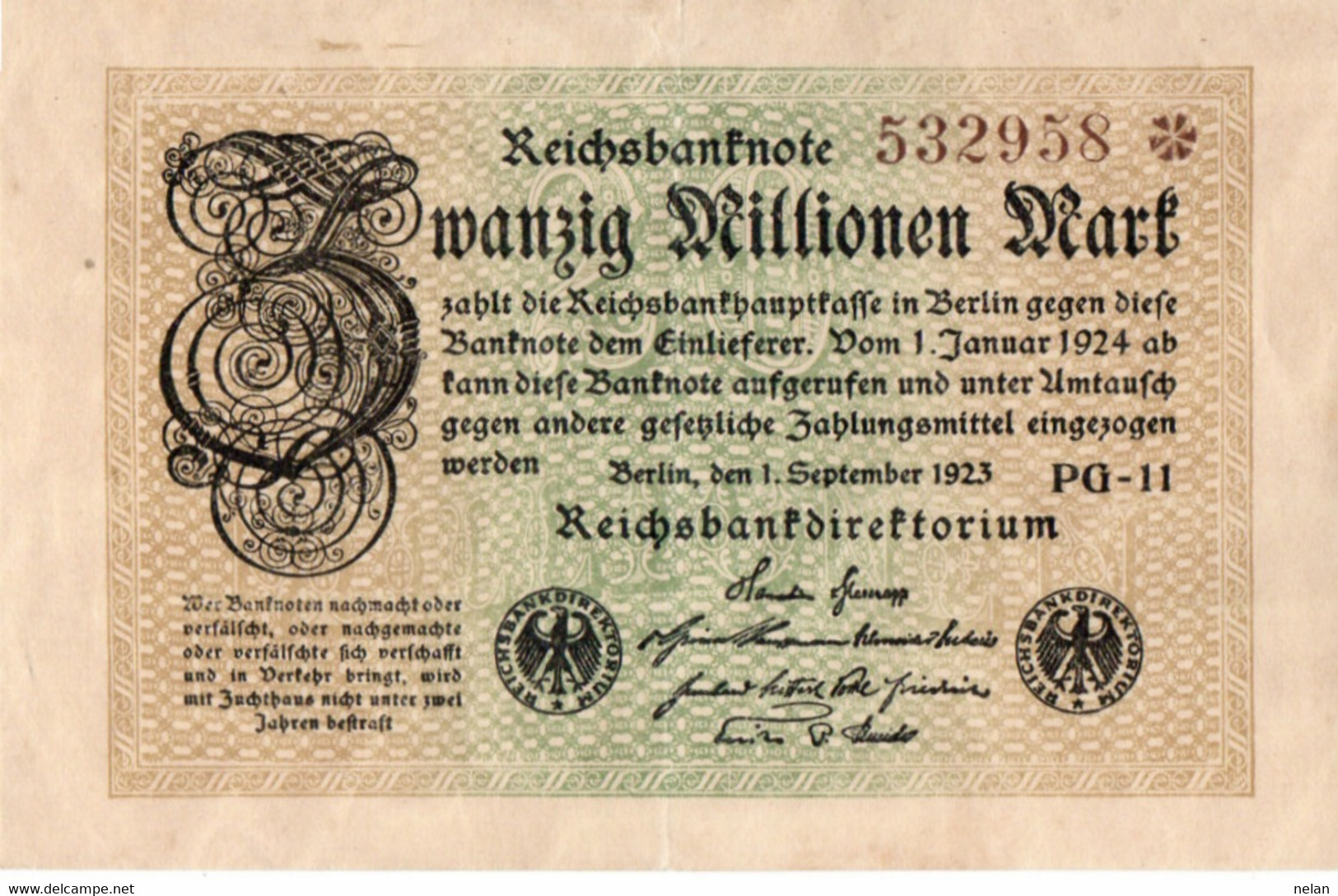 GERMANIA  - 20  MILLIONEN  MARK  1923 -  P-108c.4 - XF - 20 Miljoen Mark