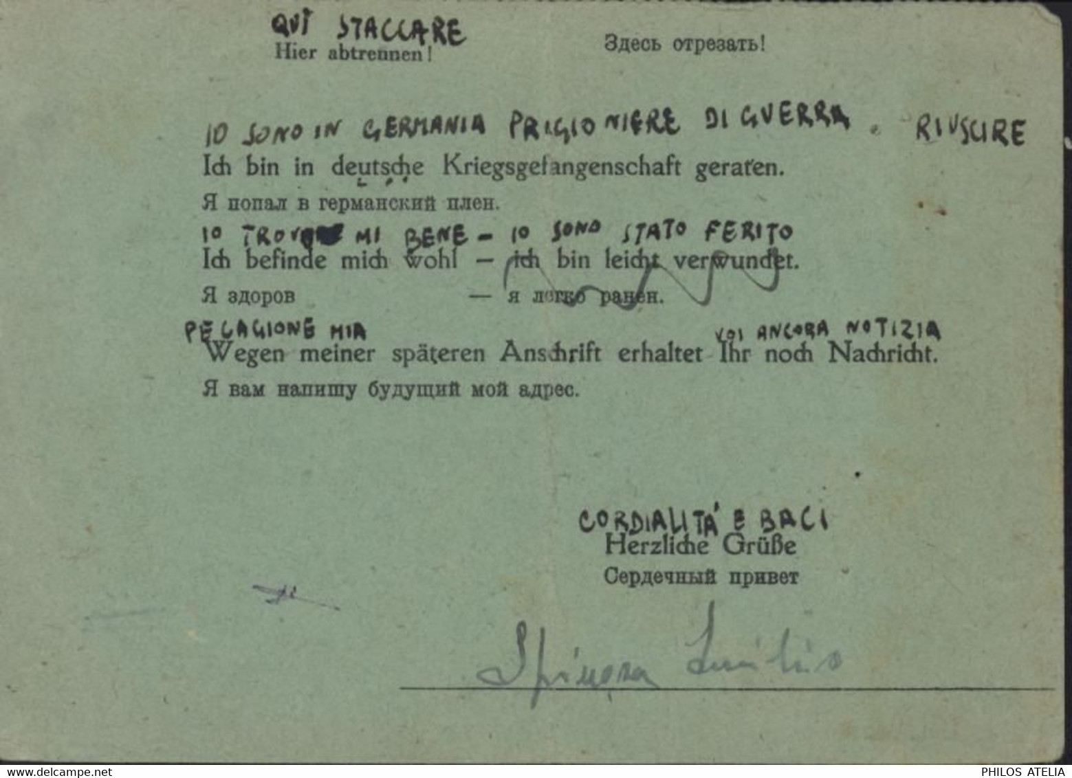 Carte Formulaire En Franchise Militaire FM Bilingue Allemand Et Russe Utilisée Par Prisonnier Italien Guerre 40 - Cartas & Documentos