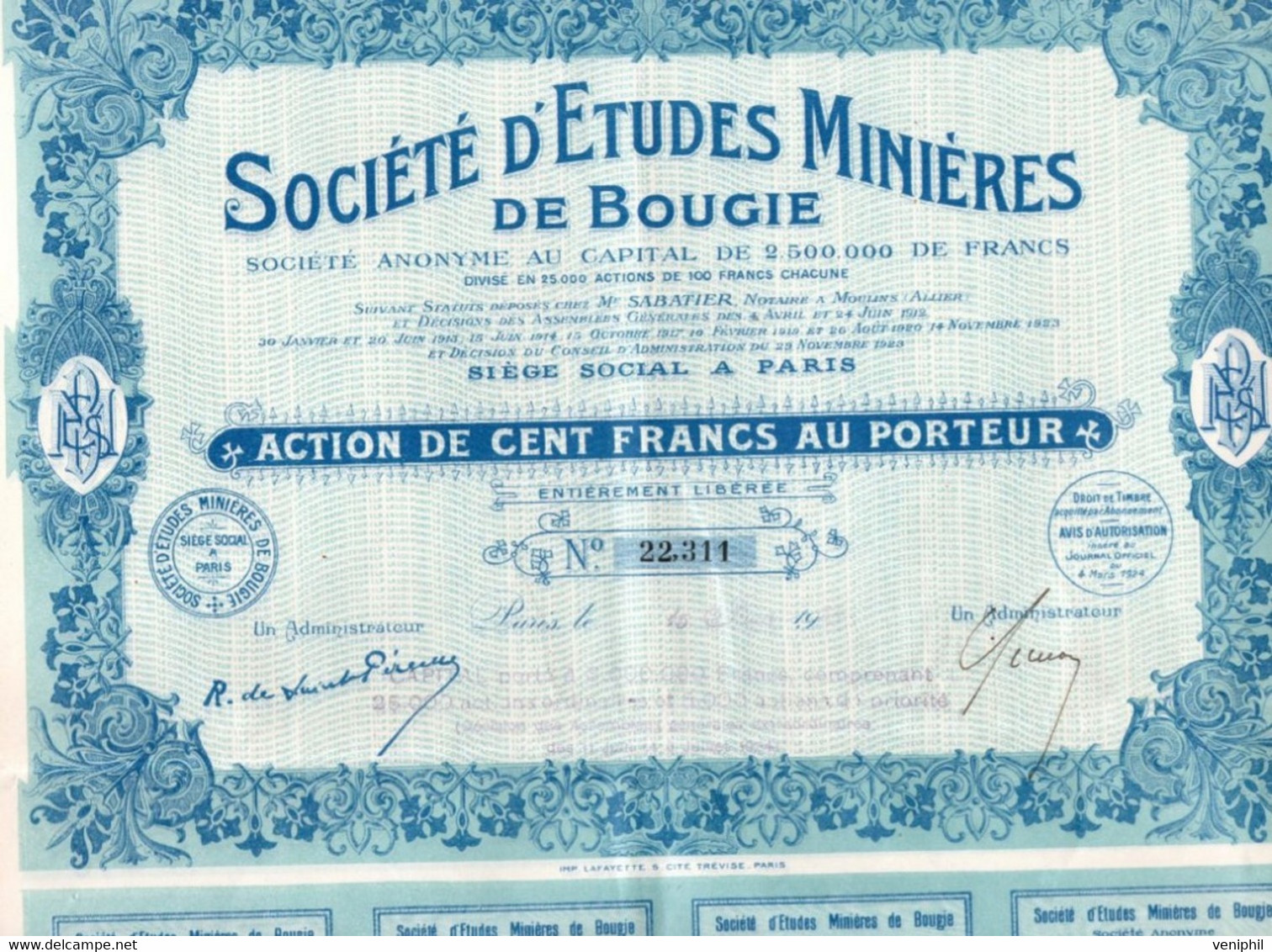 SOCIETE D'ETUDES MINIERES DE BOUGIE - ACTION DE CENT FRANCS -ANNEE 1924 - Miniere