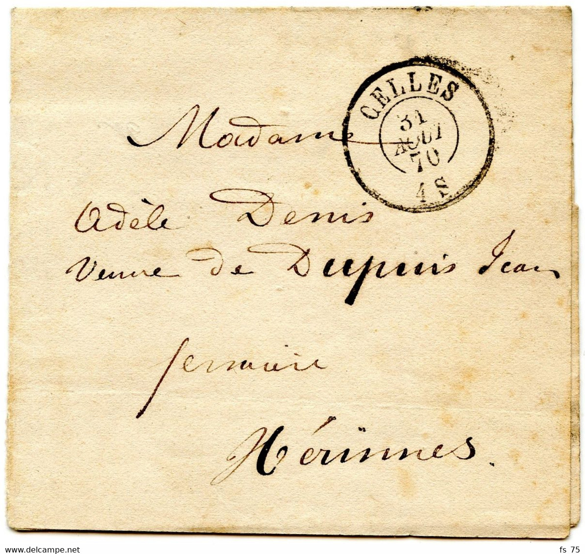 BELGIQUE - CELLES SUR LETTRE EN FRANCHISE DU MINISTERE DES FINANCES, 1870 - Other & Unclassified