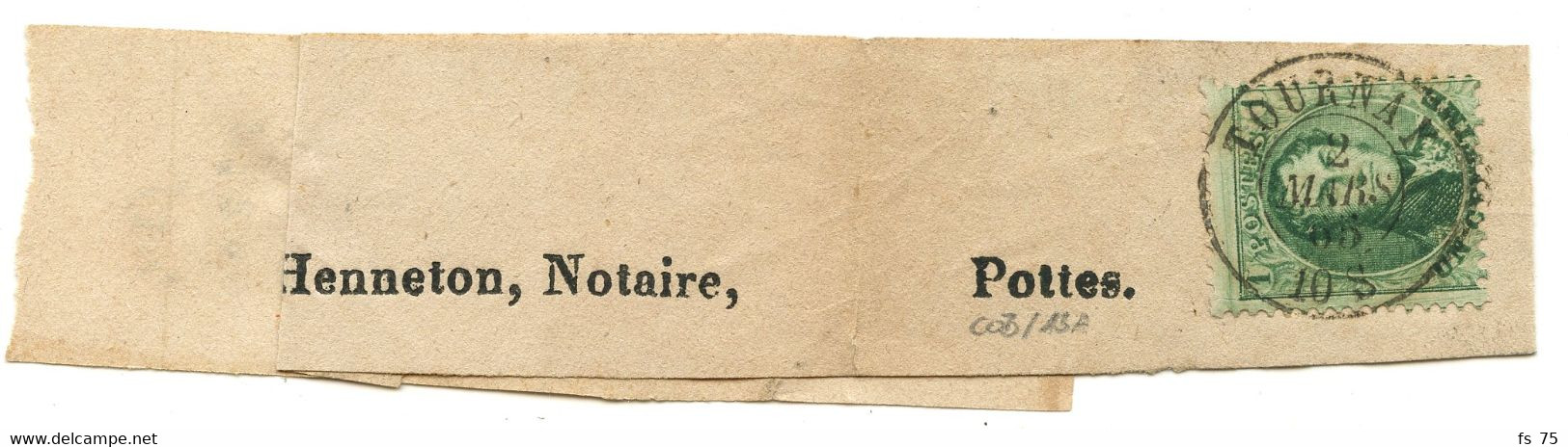 BELGIQUE - N°13A 1C VERT MEDAILLON OBLITERE TOURNAY SUR BANDE COMPLETE D'IMPRIMES - 1863-1864 Medaillen (13/16)