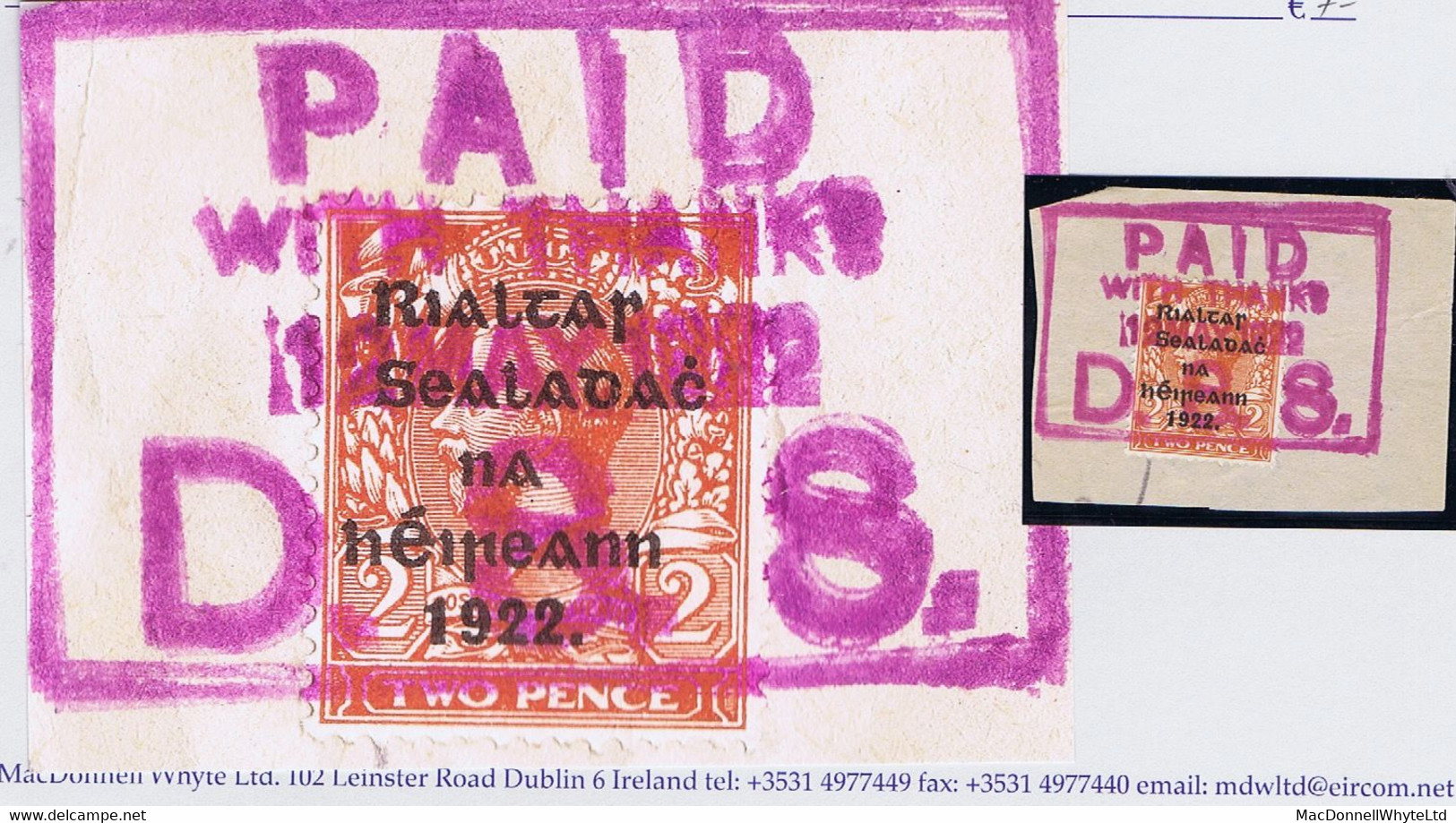 Ireland 1922 Thom Rialtas 5-line Black 2d Die 1, Var. "R Over S", Fiscal Use On Piece PAID WITH THANKS 12 MAY 1922 D.S.S - Oblitérés