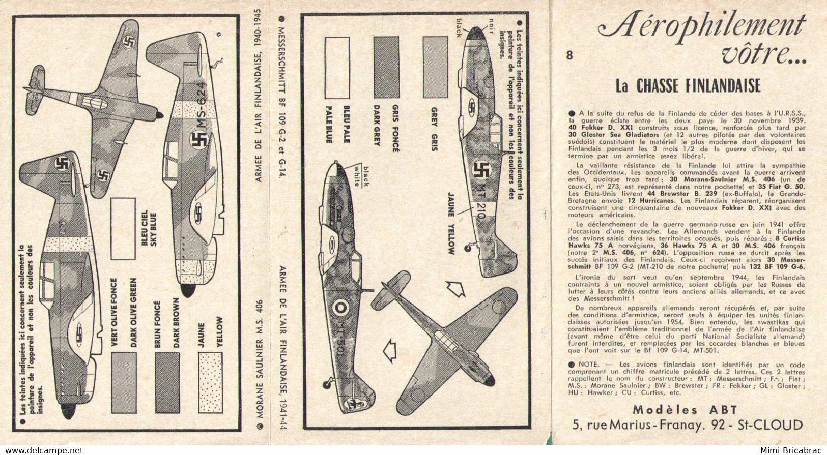 ABT722 Très Rare Décal Années 70 ABT : SERIE AEROPHILE N° 8 / CHASSE FINLANDAISE 1941-54 MS 406 Me 109 - Decalcografie