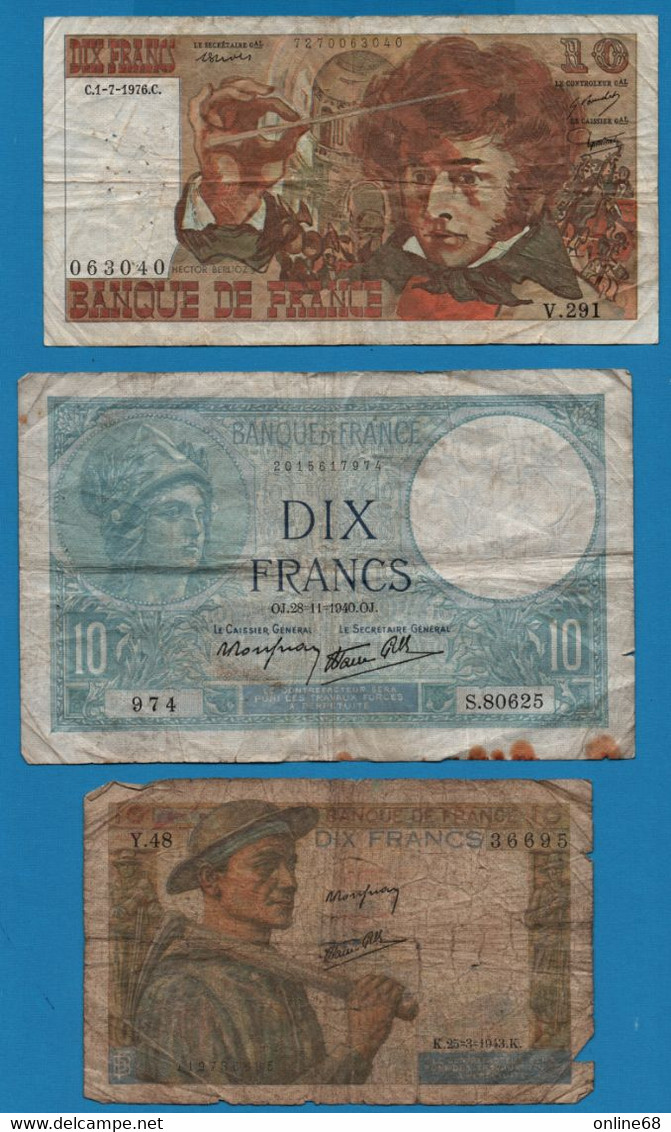 LOT BILLETS 3 BANKNOTES: FRANCE 10 FRANCS 1940 - 1976 - Mezclas - Billetes