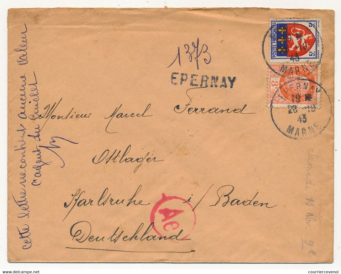 Enveloppe - Affr. Composé 3F Pétain + 5F Blason Lyonnais - Recommandé Provisoire EPERNAY (Marne) - Vers STO 1943 - 1941-42 Pétain