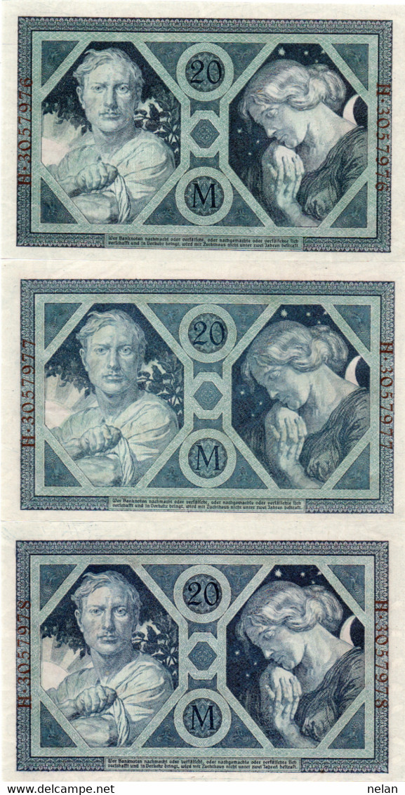 GERMANY- 20 MARK 1915 - Wor:P-63, Ros:R-53  CONSECUTIVE UNC - 20 Mark