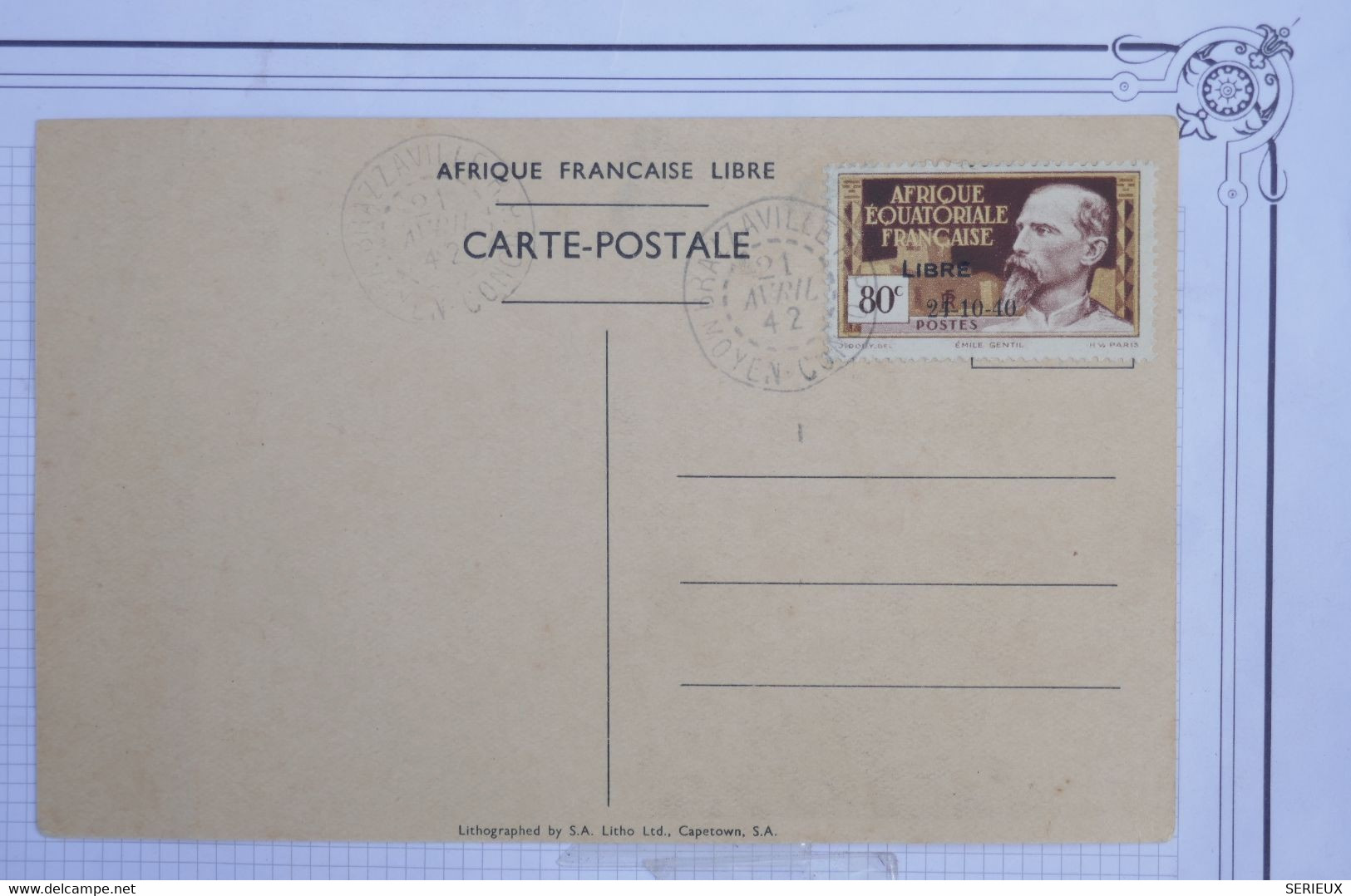 16 FRANCE A E F. BELLE CARTE RRR 1942 BRAZZAVILLE MOYEN CONGO GEN DE GAULLE + N° 140A +AFFRANCH. PLAISANT - Cartas & Documentos