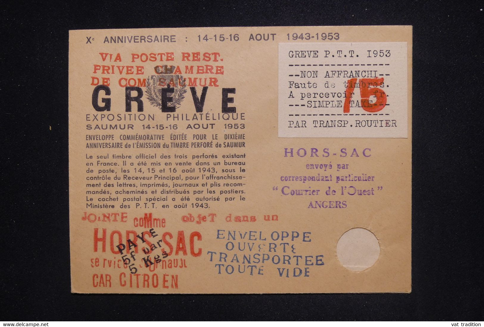 FRANCE - Enveloppe Hors Sac -Gréve Des PTT De Saumur En 1953  - L 126757 - Dokumente