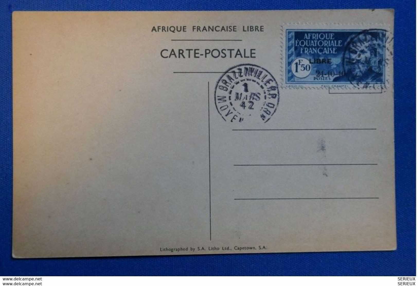 15 FRANCE A E F CARTE RR 1942 DE BRAZZAVILLE MOYEN CONGO . + SURCHARGE N°140D +FRANCE LIBRE+ AFF. PLAISANT - Briefe U. Dokumente