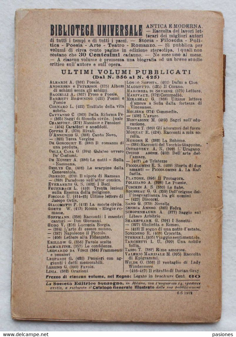 Casa Editrice Sonzogno-Milano Volume "Versi" Di Guy De Maupassant N.317 - Grote Schrijvers