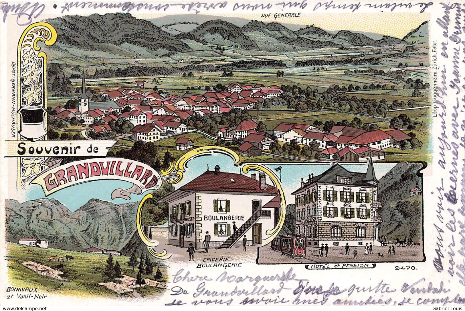 Souvenir De Grandvillard  Litho Guggenheim Epicerie Hôtel Bonavaux Et Vanil Noir Gruyère Intyamon - Grandvillard