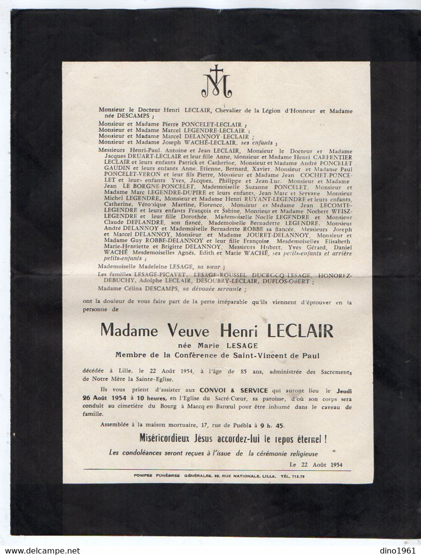 VP20.228 - LILLE X MARCQ EN BAROEUL 1954 - Faire Part De Décès De Mme Veuve Henri LECLAIR Née Marie LESAGE - Décès
