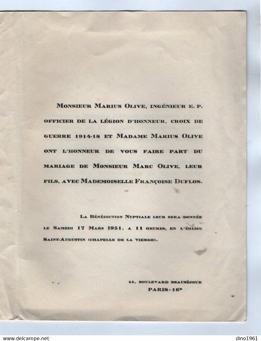 VP20.229 - PARIS 1951 - Faire - Part De Mariage De Mr Marc OLIVE Avec Melle Françoise DUFLOS - Hochzeit