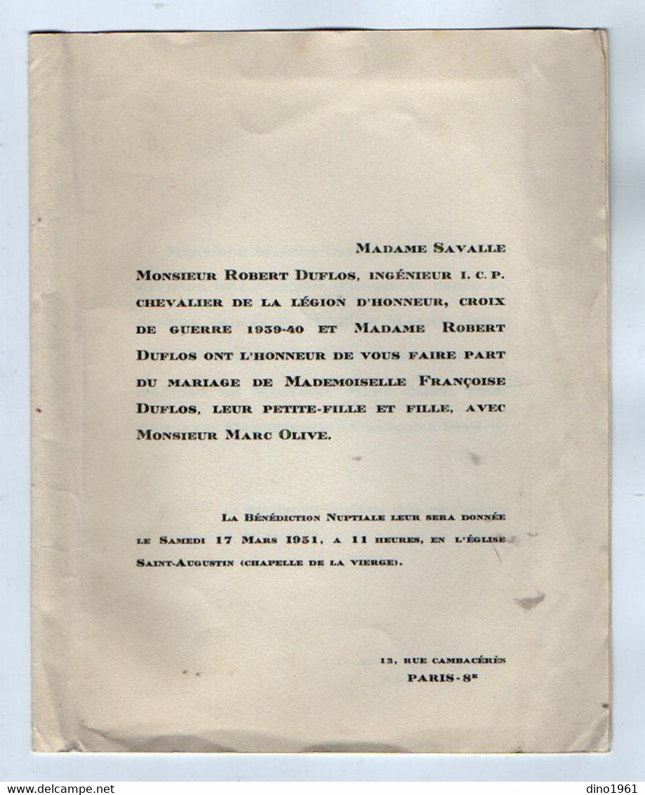 VP20.229 - PARIS 1951 - Faire - Part De Mariage De Mr Marc OLIVE Avec Melle Françoise DUFLOS - Boda