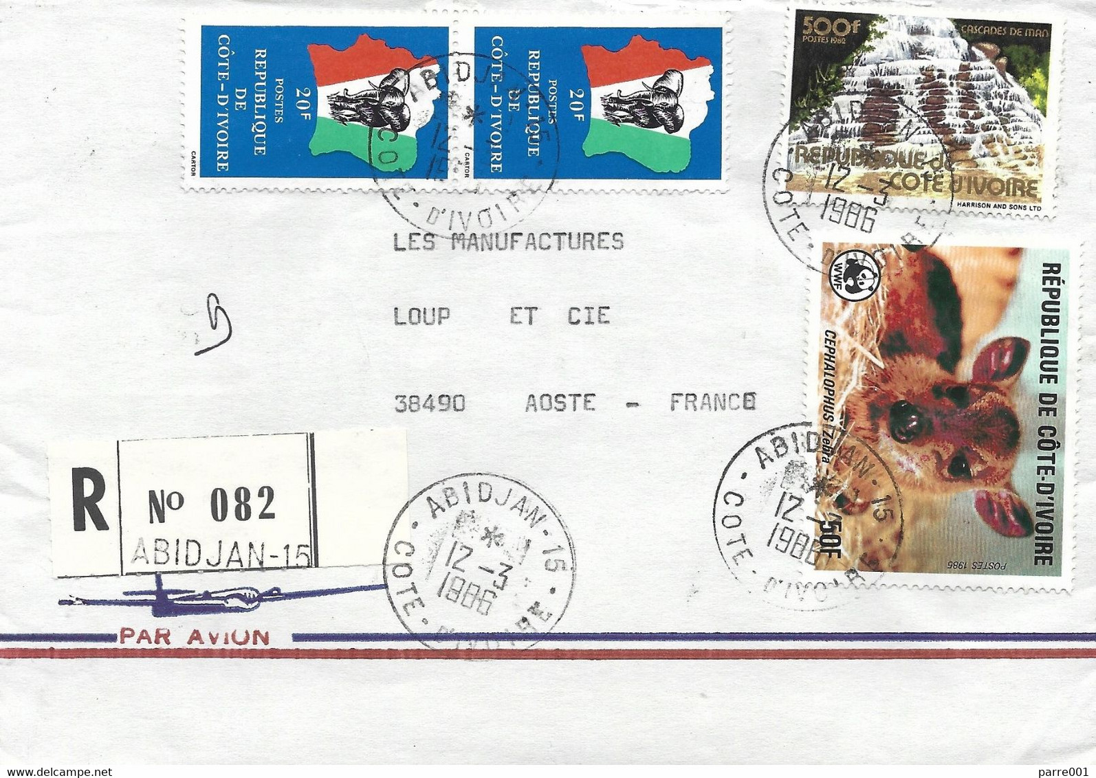 Cote D'Ivoire Ivory Coast 1986 Abidjan WWF Zebra Duiker Waterfall Armory Elephant Registered Cover. Rare - Briefe U. Dokumente