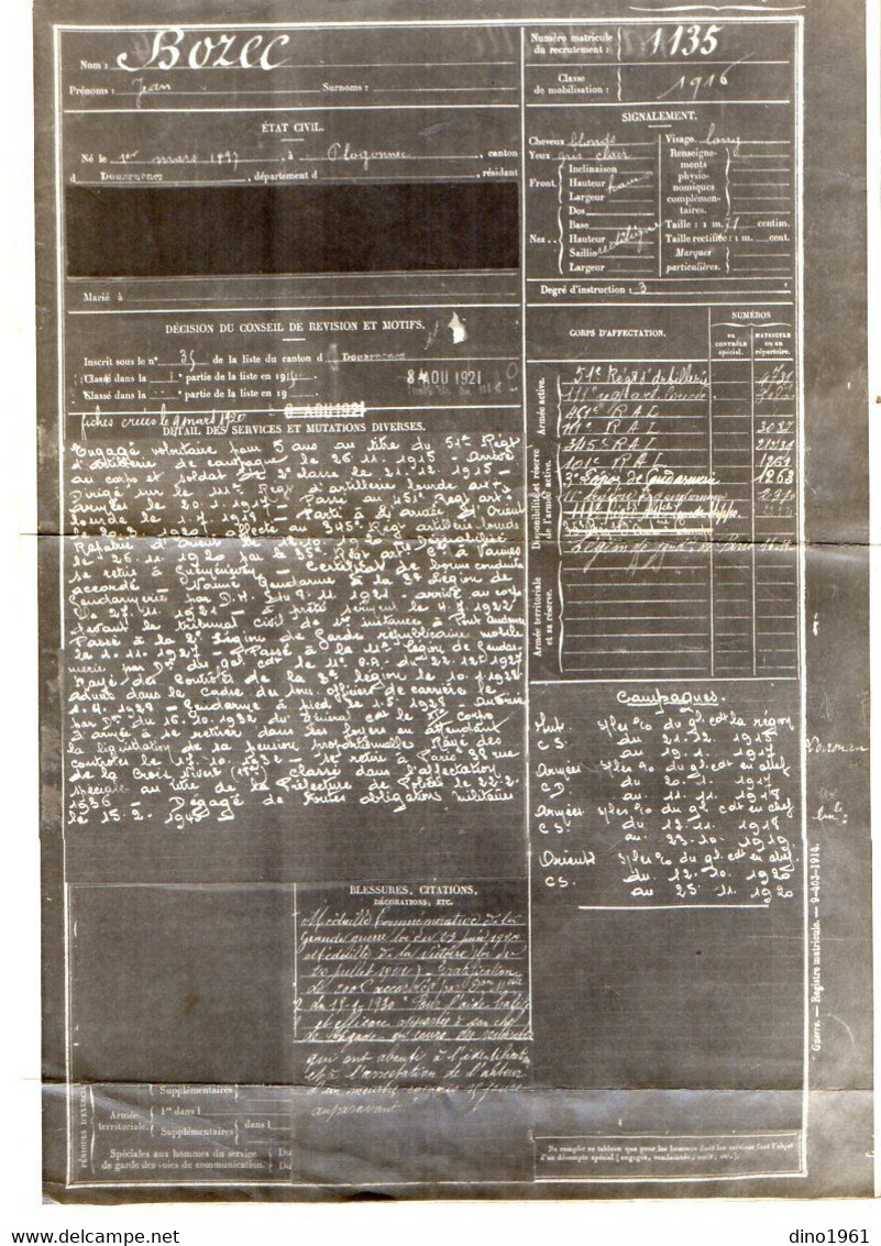 VP20.230 - MILITARIA - RENNES 1951 - Relevé Extrait De Services Du Soldat Jean BOZEC Né à PLOGONNEC - Dokumente