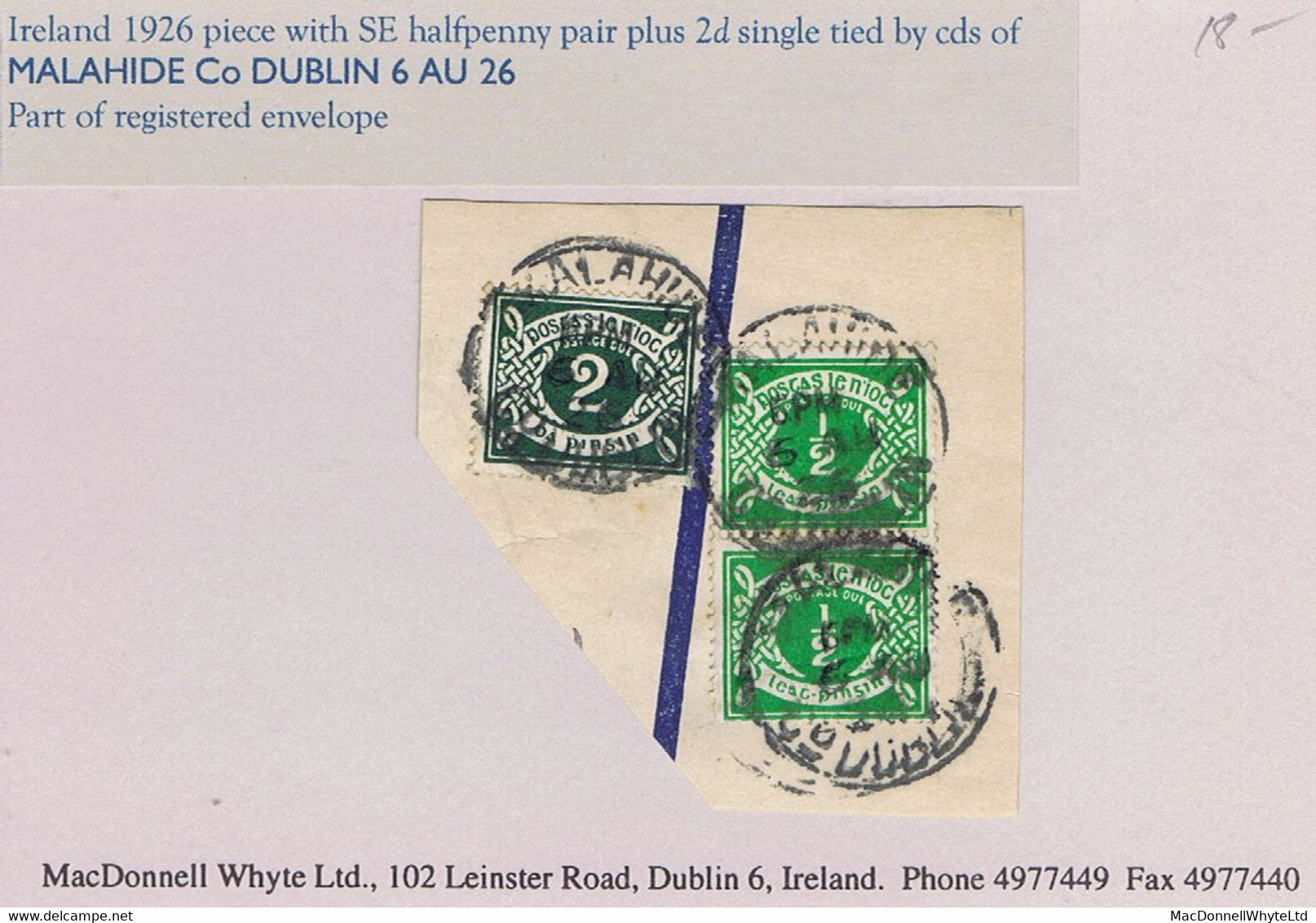 Ireland Postage Due 1926 Piece Of Reg Env With SE ½d Pair Plus 2d Single Tied By Cds MALAHIDE CoDUBLIN 6 AU 26 - Segnatasse