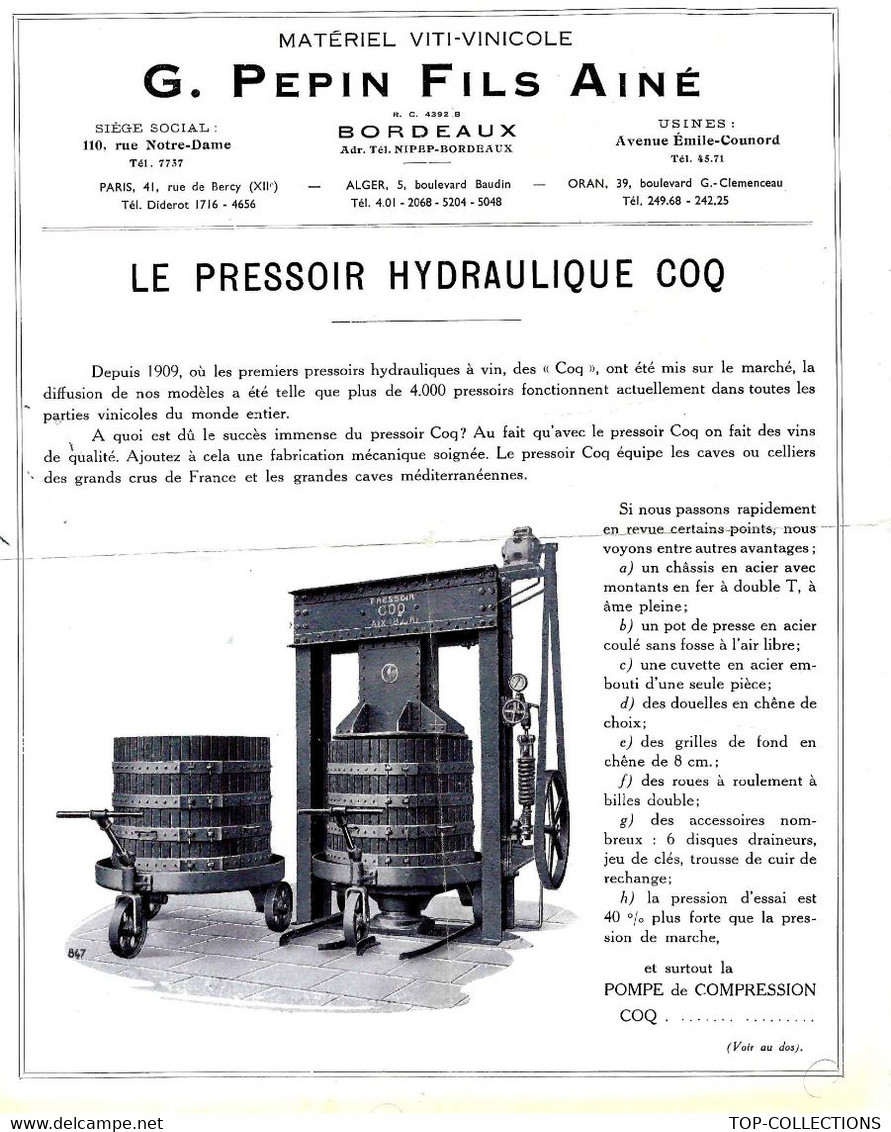 CIRCA 1920 VIN VIGNE VIGNOBLE  PRESSOIR HYDRAULIQUE FOULOGRAPHE COQ G.PEPIN FILS Ainé à Bordeaux  B.E.VOIR SCANS - Pubblicitari