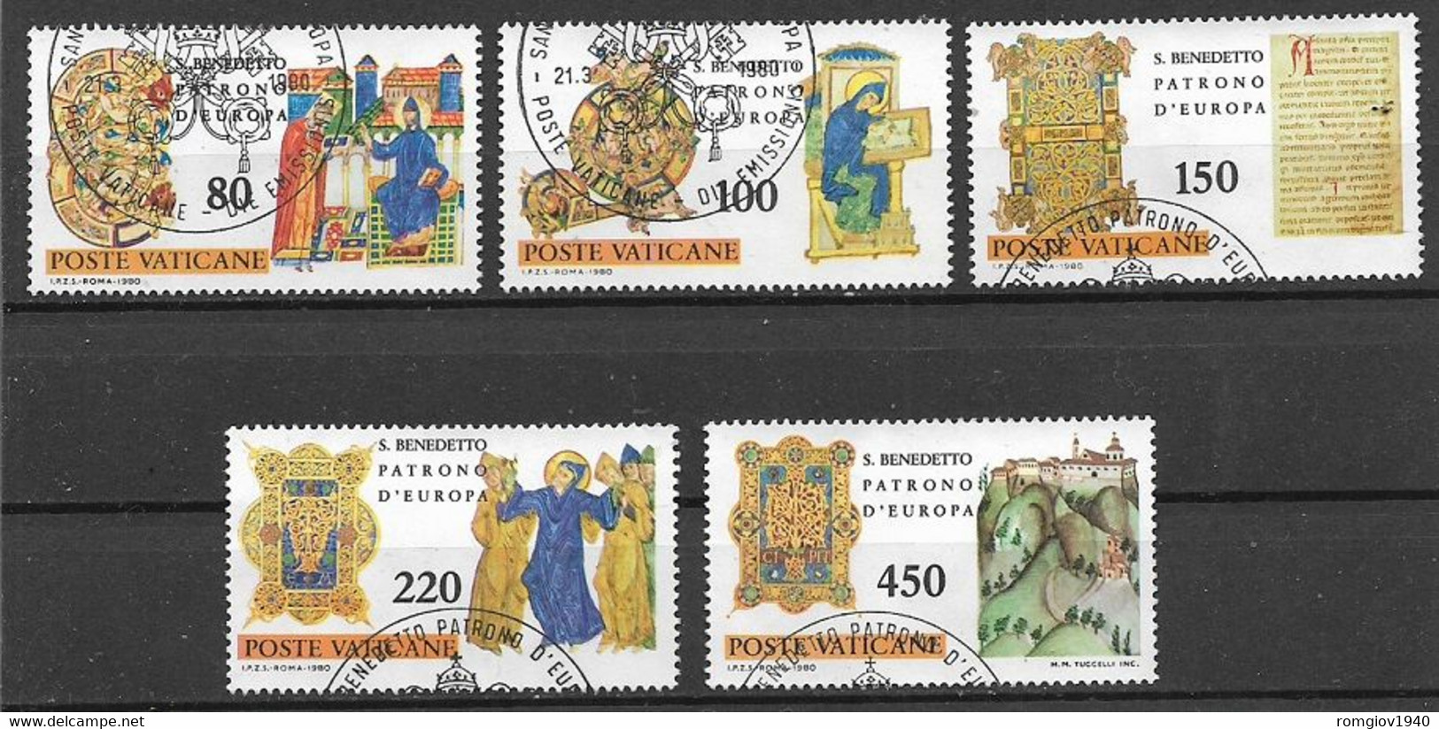 VATICANO 1980 CENTENARIO DELLA NASCITA DI S.BENEDETTO - PATRONO D'EUROPA SASS. 671-675 USATA VF - Used Stamps