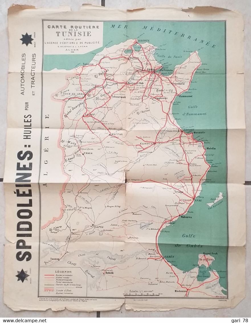 Carte Routiere De La TUNISIE éditée En 1923, Publicité Spidoléines - Roadmaps