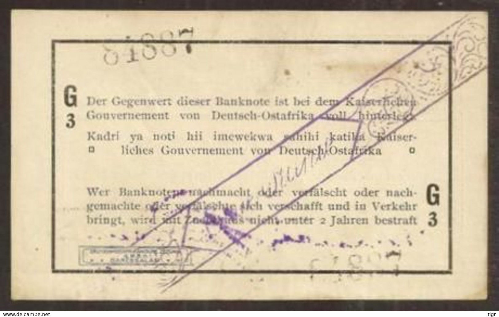 GERMAN EAST AFRICA. 1 Rupie 1916. Pick 20a. Letters G3. - Eerste Wereldoorlog