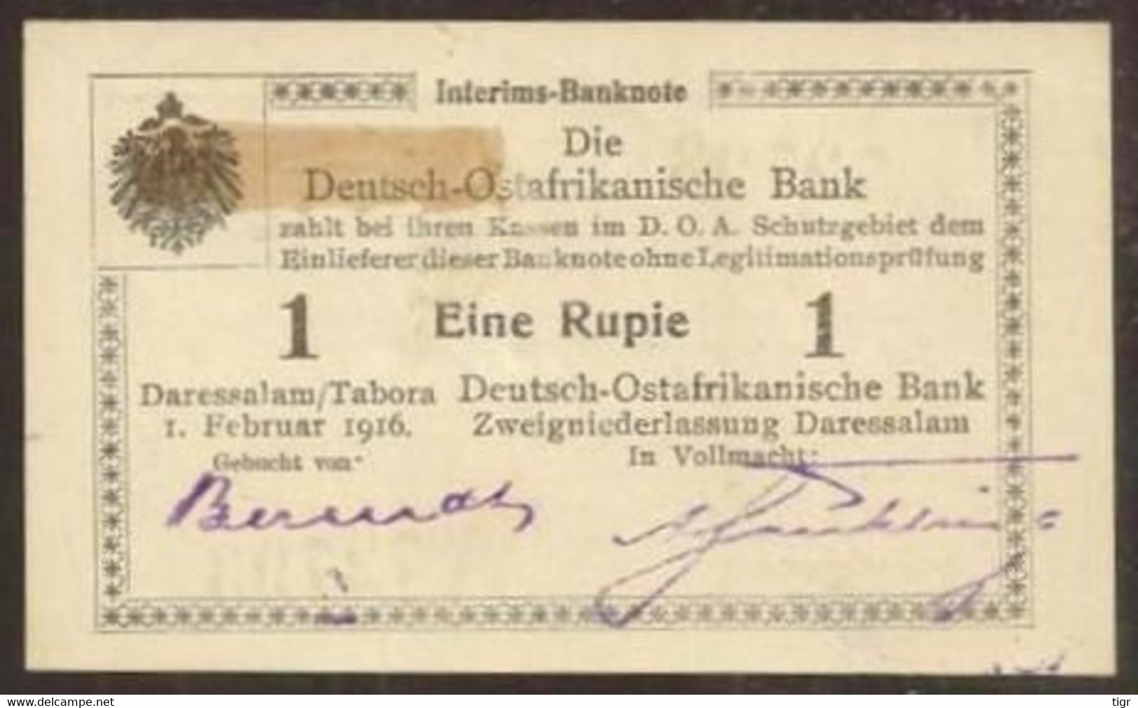 GERMAN EAST AFRICA. 1 Rupie 1916. Pick 20a. Letters V3. - WWI