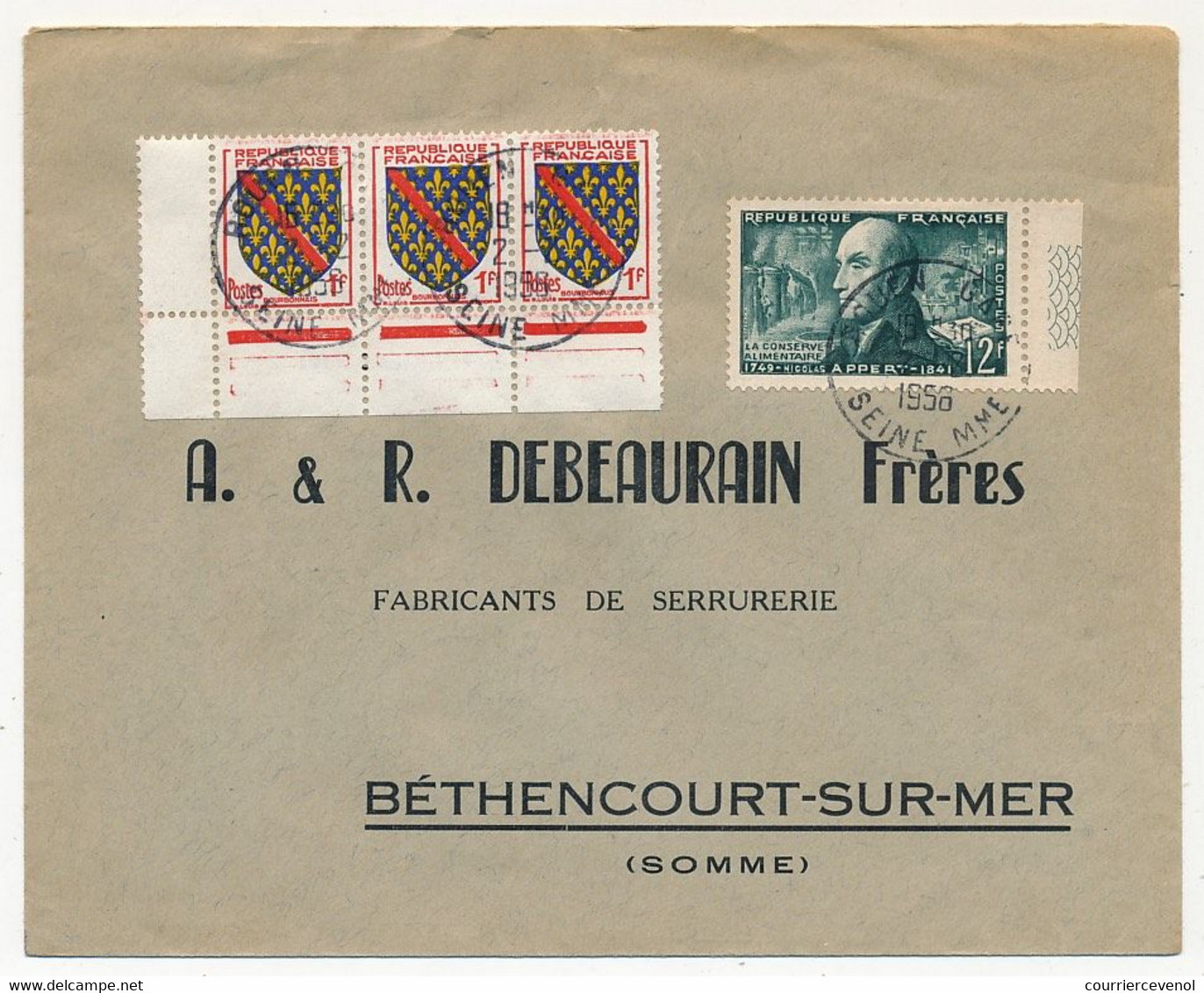 FRANCE - Env. Affr Composé 12F APPERT + 3 X 1F Blason Bourbonnais, Obl Rouen Gare 1956 - Covers & Documents