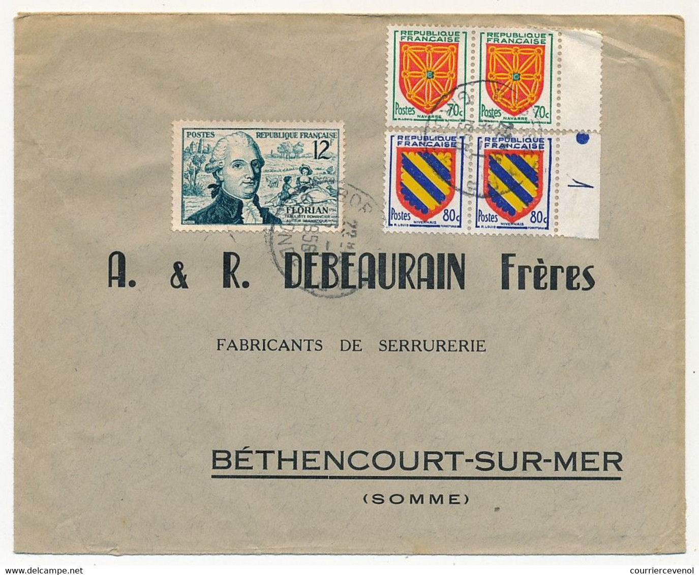 FRANCE - Env. Affr Composé 12F FLORIAN + 2 X 70c Blason Navarre + 2 X 80c Blason Nivernais, Obl Bordeaux 1956 - Lettres & Documents