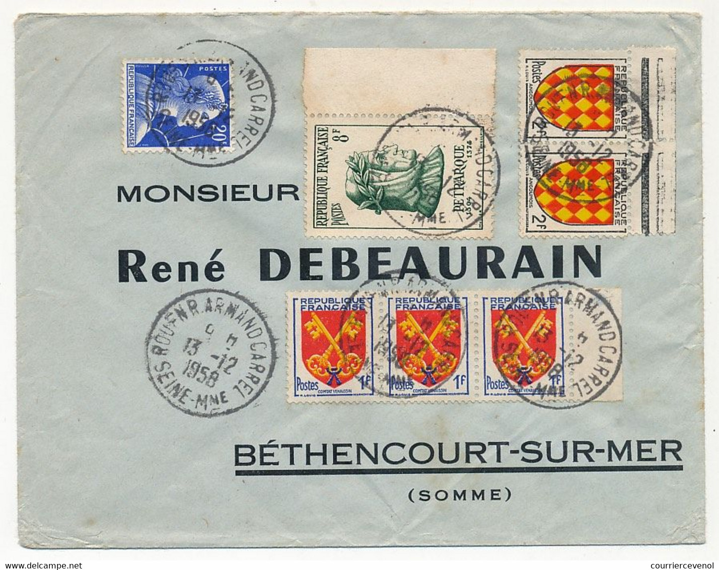 FRANCE - Env. Affr Composé 8F Pétrarque + 20F Muller + Blasons... Obl Rouen 1958 - Covers & Documents