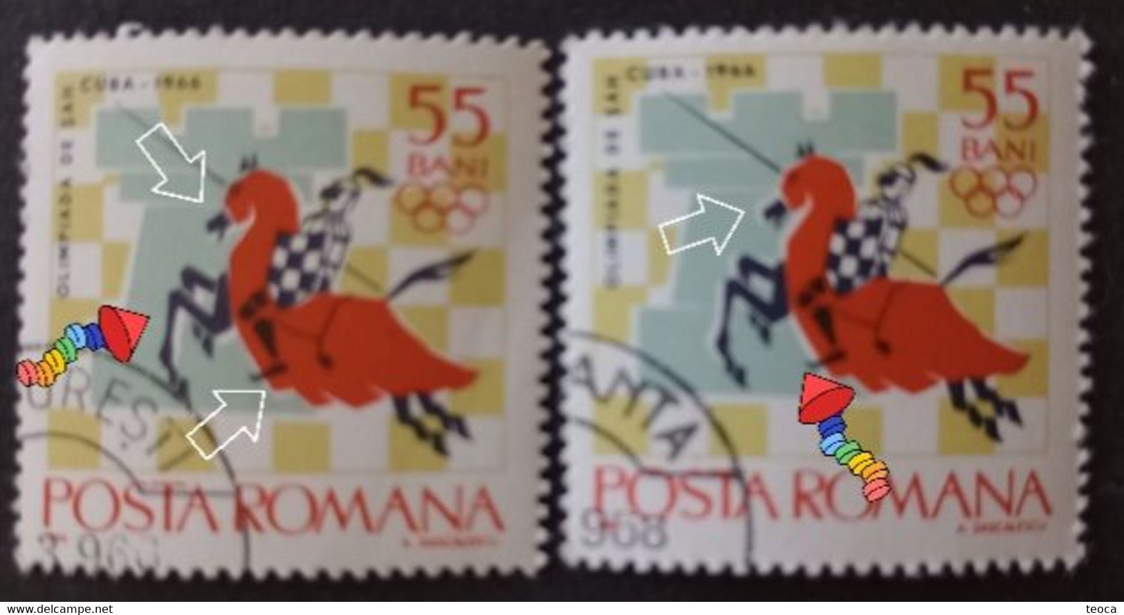 Stamps Errors Chess Romania 1966 MI 2480 Printed With Misplaced Chess Piece Used - Errors, Freaks & Oddities (EFO)