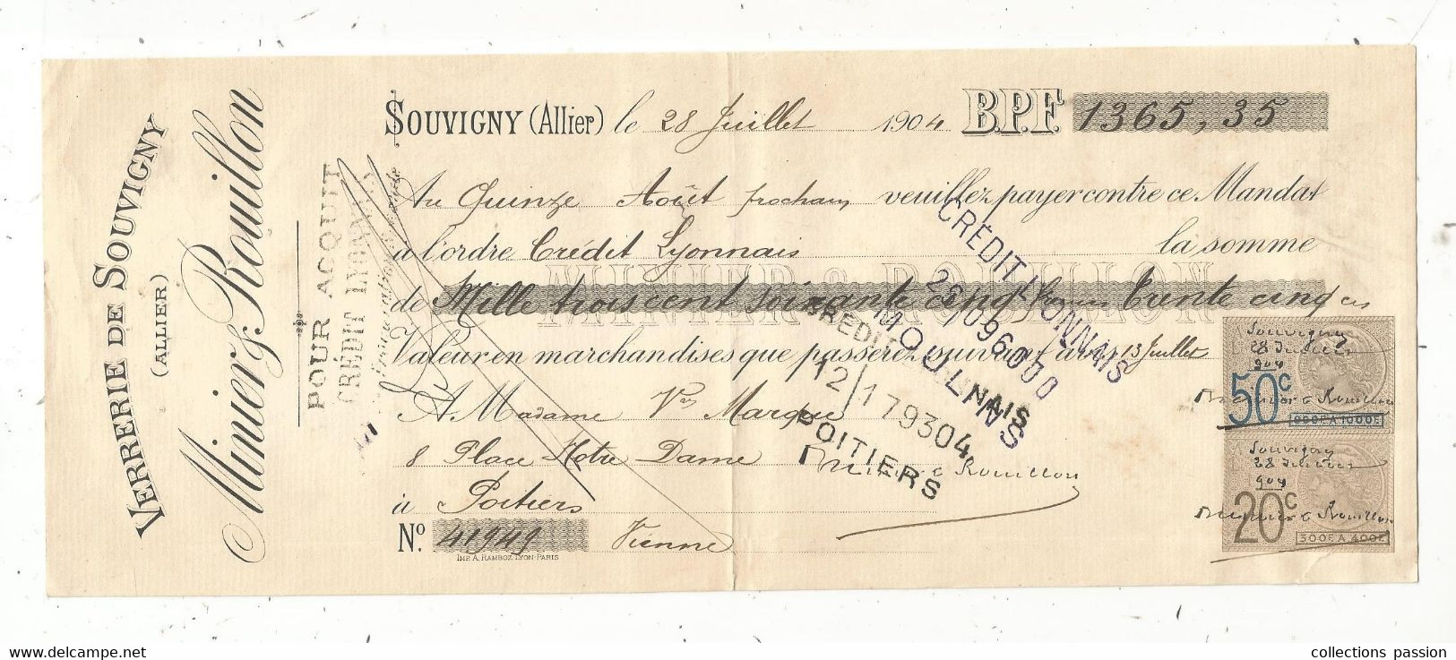 Lettre De Change, 18904, Verrerie De SOUVIGNY , Allier, MINIER & ROUILLON,  2 Scans, TIMBREE,  Frais Fr 1.75 E - Lettres De Change