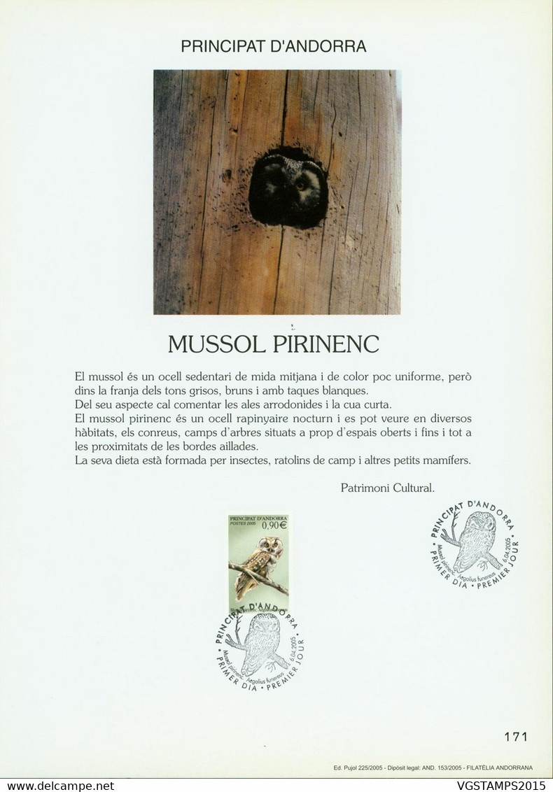 Andorre 2005-Andorre-Espagnole. Timbre Oblitéré Yvert Nr. 607 Sur Encart Spéciale.  Hibou.....   (EB) DC-11103 - Sammlungen