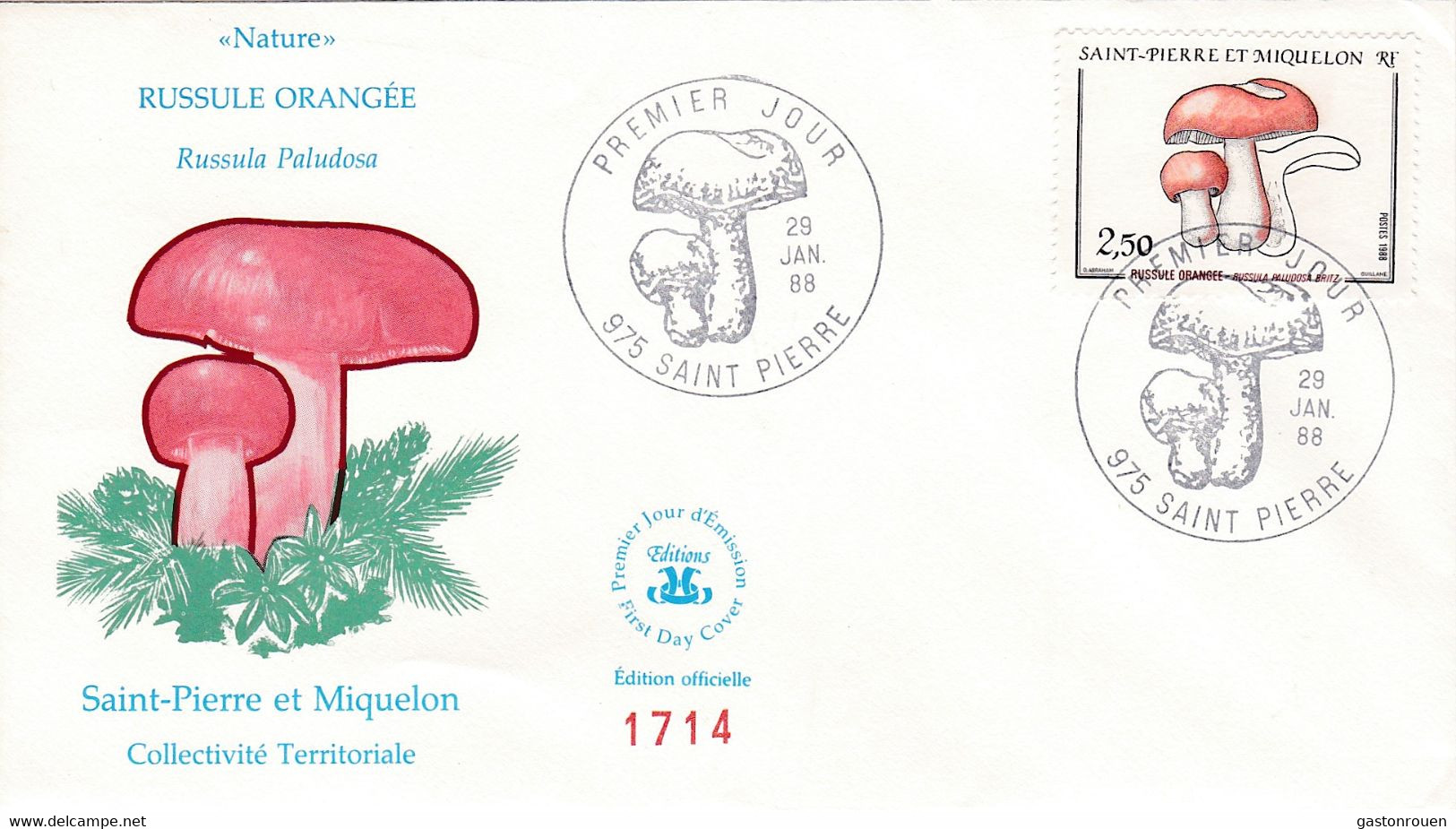 St Pierre & Miquelon PREMIER JOUR FDC 1988 486 Champignon Russula Paludosa - FDC