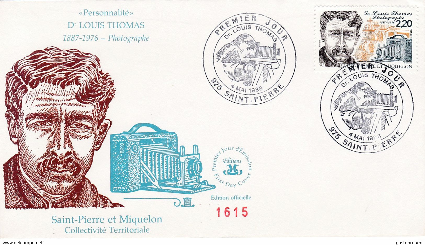 St Pierre & Miquelon PREMIER JOUR FDC 1988 488 Docteur Louis Thomas Photographe - FDC