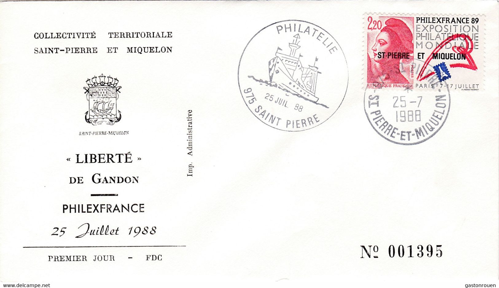 St Pierre & Miquelon PREMIER JOUR FDC 1988 489 Philexfrance Liberté De Gandon - FDC