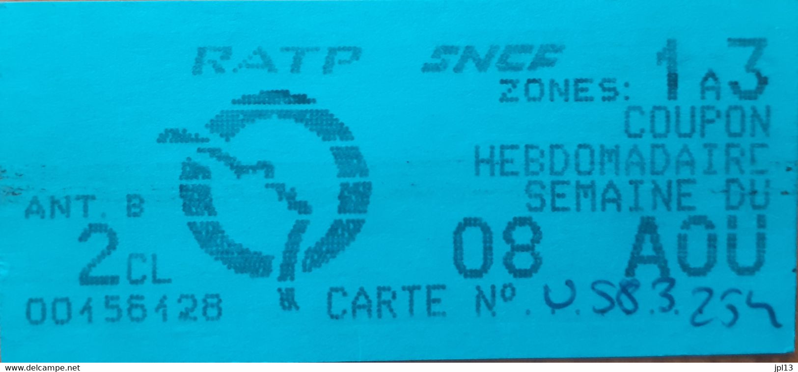 Billet Abonnement - France - RATP - Billet Hebdomadaire 2ème Classe Zones 1 à 3 Août 1994 - Autres & Non Classés